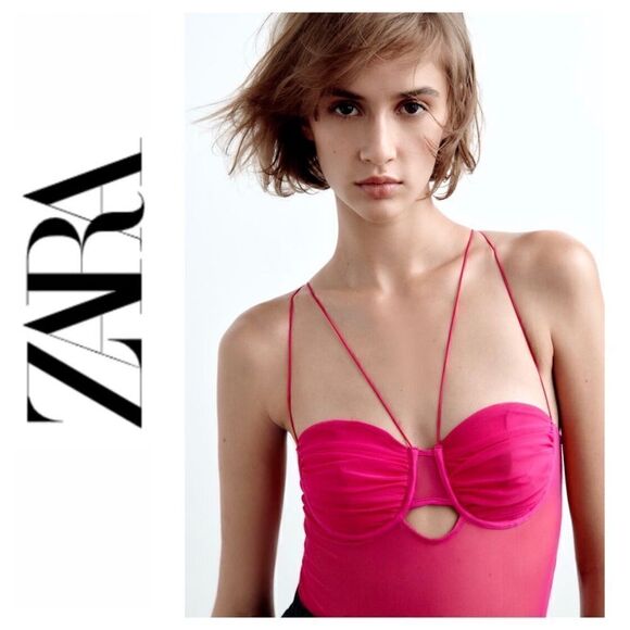 NWT Zara Fuchsia Tulle Semi-Sheer Bodysuit, Size Large - Picture 1 of 15